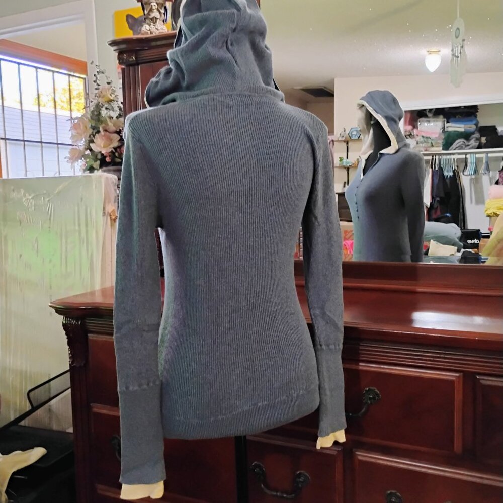 Blue Knitted Long Sleeve, Button Down V-Neck and Hoodie Cardigan - Picture 3 of 6